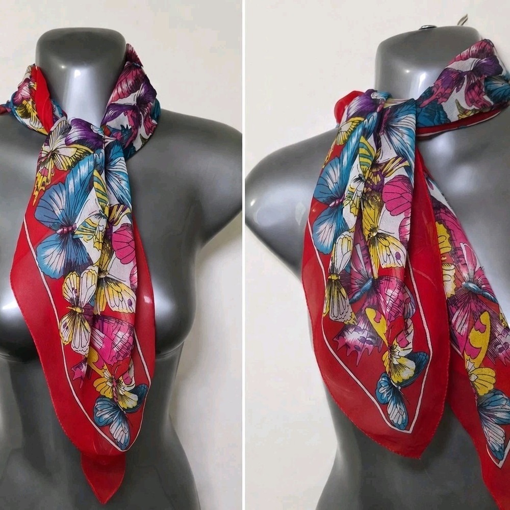 Vintage Butterfly Print Sheer Scarf‎ Red Border Colorful Floral Square Neck Hair